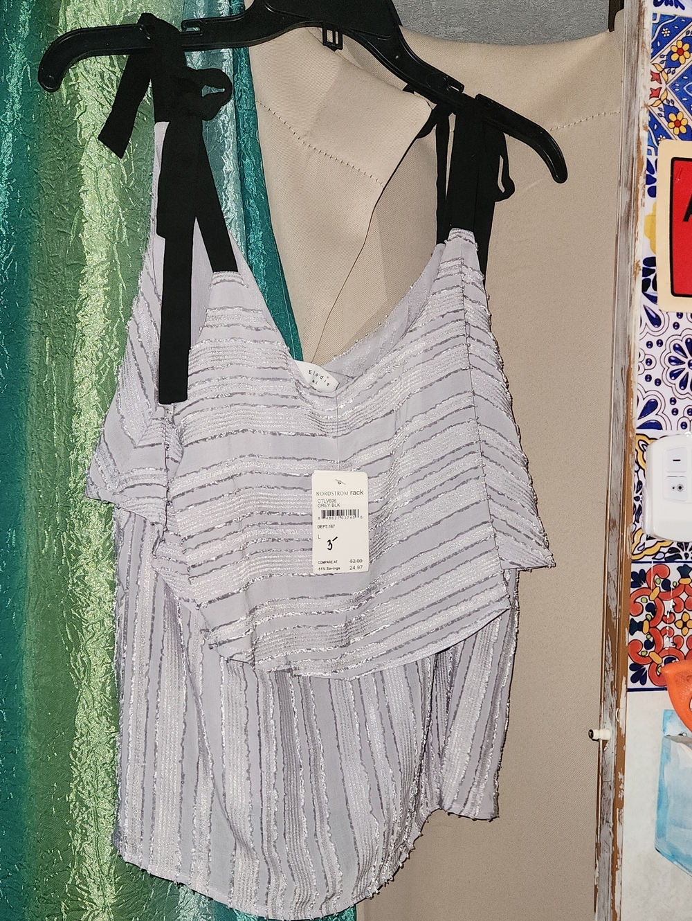 Elodie Light Gray Metallic-Striped Tie-Shoulder Tank